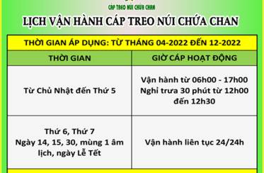Thông báo khung giờ hoạt động tại KDL Cáp treo núi Chứa Chan từ tháng 04-2022